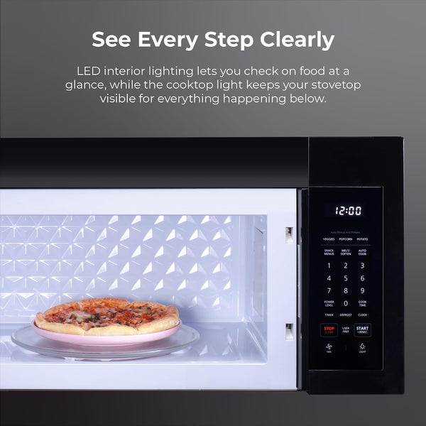 Over-The-Range Microwave – 1.7 Cu. Ft. Capacity, Black | 1000 Watts, 300 CFM Vent Fan, 12.4" Glass Cooking Tray, Preset Cooking Controls, Child Lock, LED Lighting8