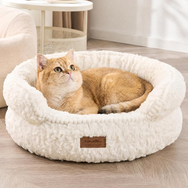 FUKUMARU round Cat Bed, Plush Washable Calming Dog Bed with Low Entry | Raised Bolster Small Dog Bed, Soft Cozy Donut Cat Bed for Indoor Cats, Faux Rabbit Fur & Anti-Slip Bottom, 20 Inch, Brown10