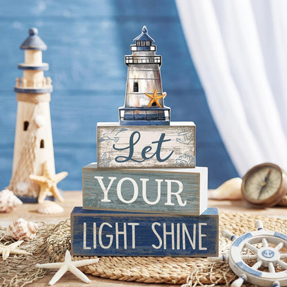 4 Pcs Lighthouse Coastal Decor Wooden Block Signs Rustic | Bathroom Tabletop Decoration for Home, Lighthouse Topper Tiered Display, Let Your Light Shine Phrase Wood Stacking Blocks2