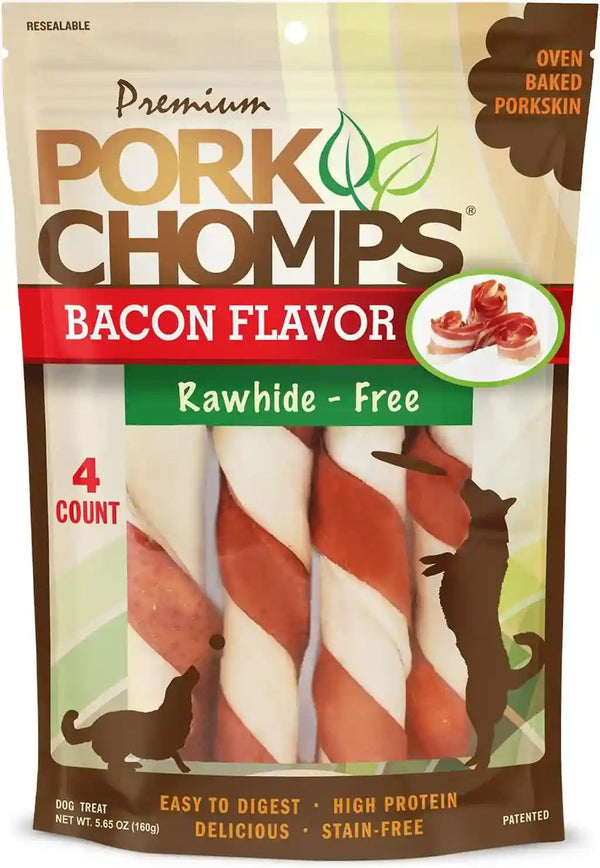 Pork Chomps Roasted Pork Skin Dog Chews, 6 Inch Twists, 15 Count - Long-Lasting Treats for Dogs - High Protein, Rawhide-Free, Low Fat, Healthy & Delicious Chews15