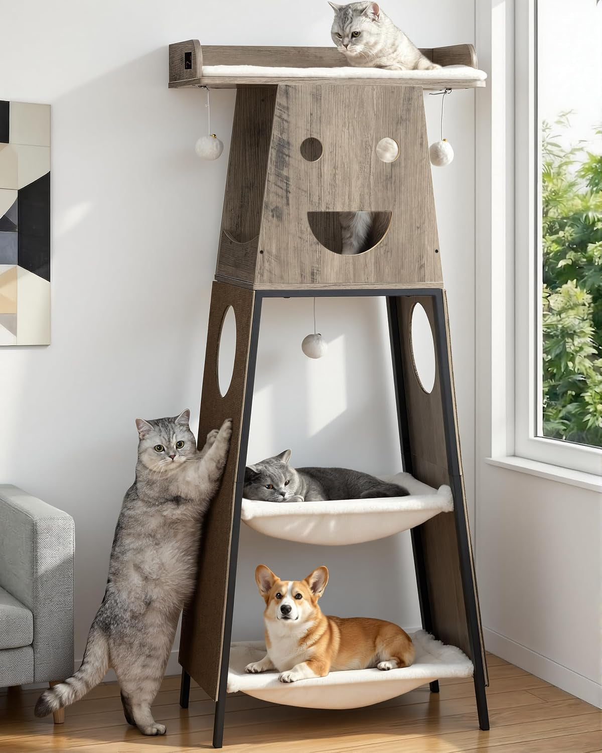 modern-wood-cat-tree-tower-for-indoor-large-adult-cats-with-big-perch-bed-33-8in-tall-wooden-cat-trees-with-platform-cat-scratching-pads-washable-cushions-cat-furniture-for-window-rustic-brown