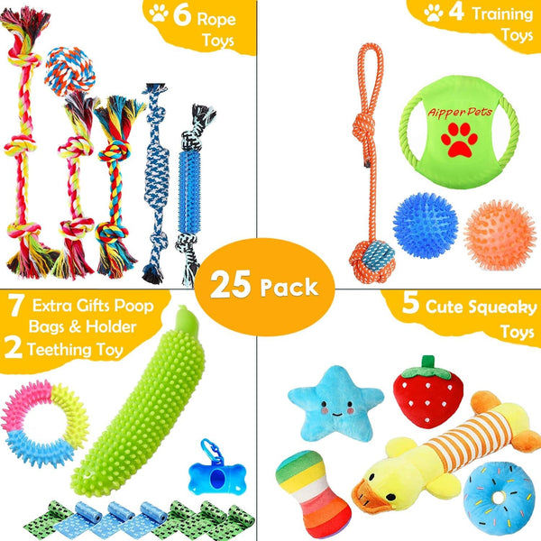 Aipper Dog Toys 25 Pack for Fun and Teeth Cleaning, Puppy Chew Toys Pack with Squeak Plush Toy,Squeaky Toy Balls,Tug of War and Rope Toys for Puppy to Small Dogs2