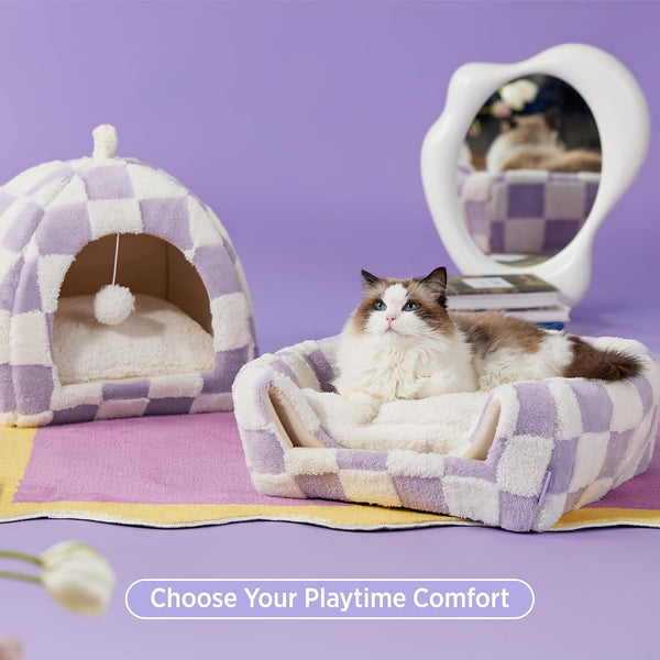 Lesure 2In1 Cute Cat House for Kitten with Washable Cushioned Pillow,16In | Cat Beds for Indoor Cats,Small Pet Cave Tent,Cozy Enclosed Foldable Hideaway,Fluffy Ball,Anti Slip Bottom,Hand Strap,Purple3