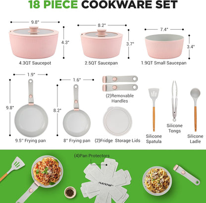 18-Piece Ceramic Cookware Set with Detachable Handles, Non Stick Pots and Pans, Ptfe-Free Natural Ceramic Coating, Space-Saving Design, Oven & Stove Safe, Includes Utensils, Pink8