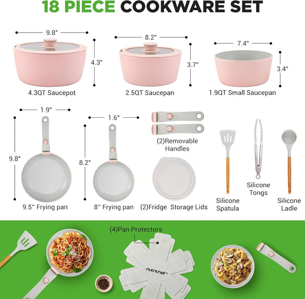 18-Piece Ceramic Cookware Set with Detachable Handles, Non Stick Pots and Pans, Ptfe-Free Natural Ceramic Coating, Space-Saving Design, Oven & Stove Safe, Includes Utensils, Pink8