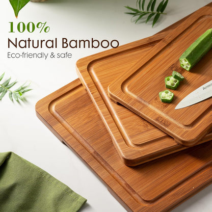 Deep-Carbonized Bamboo Cutting Boards for Kitchen with Wood Storage Stand, Reversible Charcuterie & Chopping Boards with Juice Grooves and Easy-Grip Handles, Fathers Day Gift for Men4