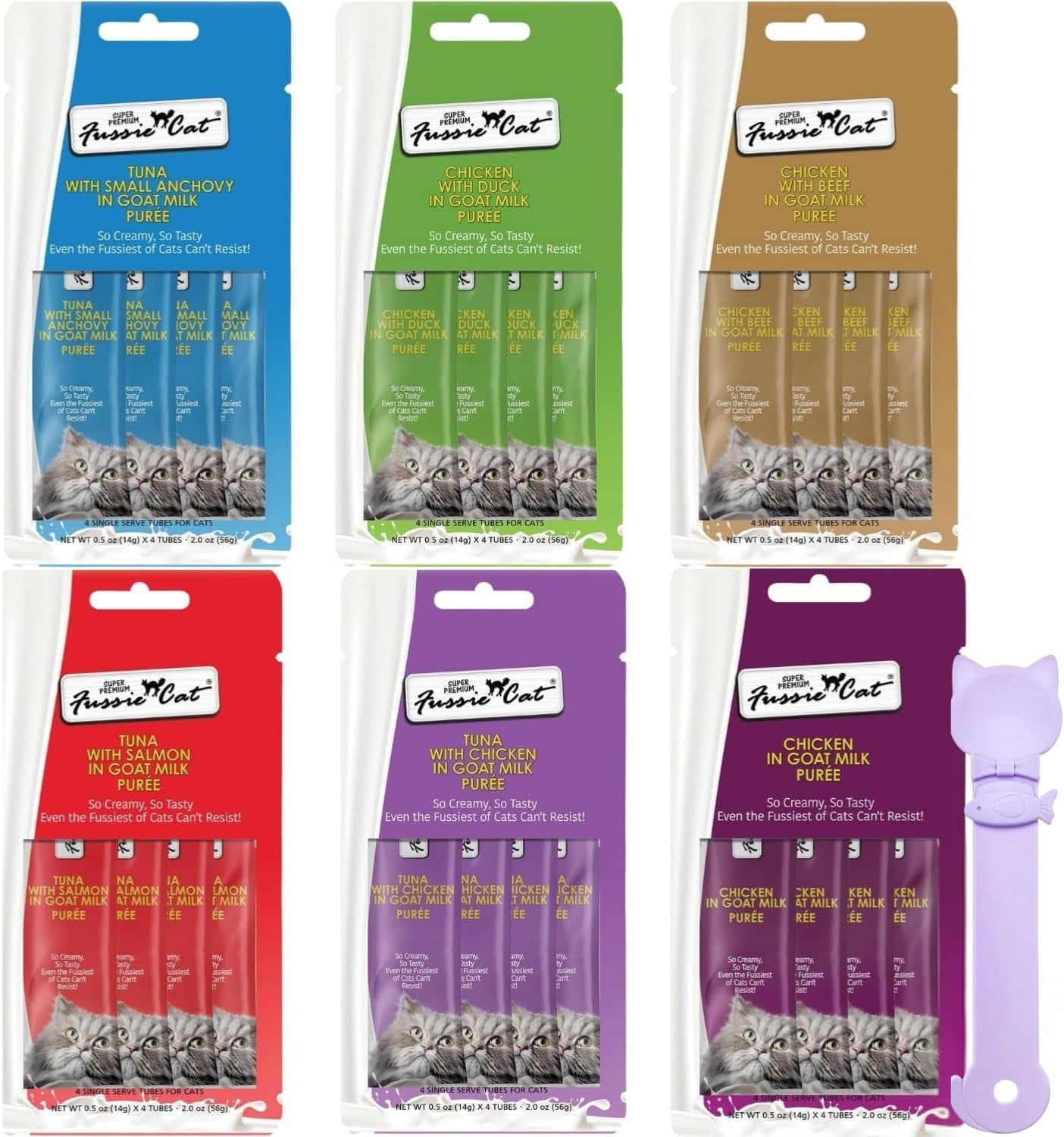 fussie-cat-super-premium-cat-treats-in-goat-milk-puree-lickable-cat-treats-6-packs-of-4-0-5oz-tubes-variety-flavor-pack-of-6-flavors-freeding-spoon
