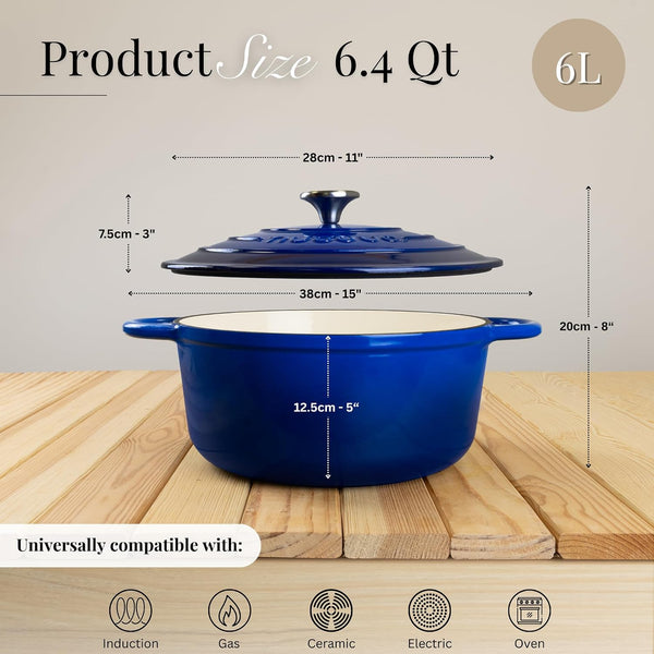 Enamelled Cast Iron Dutch Oven Pot with Lid-6.4 Quart Non Stick Casserole Pot-Heavy Duty & Oven Safe up to 500° F for Bread Baking, Braising, Stews, Roasting - 28Cm Dark Blue3