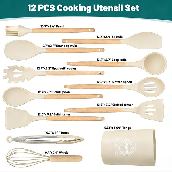 Silicone Cooking Utensil Set,12 PCS Cooking Kitchen Utensils Set, Nonstick Kitchen Utensils 446°F Heat-Resistant Cookware Kitchen Tools of Spoon,Brush,Whisk,Spatula,Turner Tongs (Khaki)2