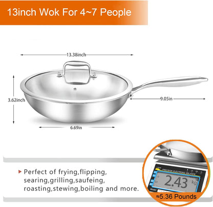 Woks & Stir-Fry Pans, 13 in Stainless Steel Pan with Lid, Large Cooking Surface, Tri-Ply Stainless Steel Wok Pan,High Side 3 Layer Stainless Steel Saute Pan, Wok for Induction Cooktop, 600℉3