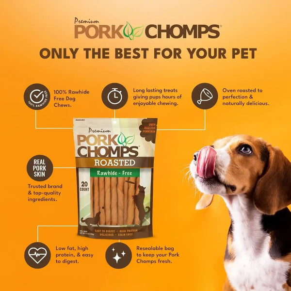 Pork Chomps Roasted Pork Skin Dog Chews, 5 Inch Mini Twists, 20 Count - Long-Lasting Treats for Dogs - High Protein, Rawhide-Free, Low Fat, Healthy & Delicious Chews3