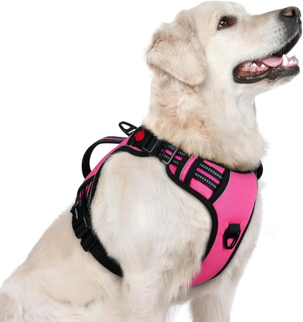 Rabbitgoo Large Dog Harness, Easy Wear with 3 Buckles and Lift Handle | No Pull with Front Clip for Walking, Adjustable Soft Padded, Reflective, Easy Control, Pink, Large1