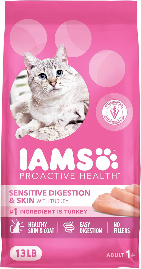 IAMS Proactive Health Sensitive Digestion Dry Cat Food, Turkey, 13 Lb | Veterinarian-Recommended, Real Turkey #1 Ingredient, Prebiotics & Fiber Blend, Omega 6 & 3 for Coat Shine1