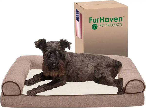 Furhaven Memory Foam Dog Bed for Medium/Small Dogs W/ Removable Bolsters & Washable Cover, for Dogs up to 35 Lbs - Luxe Faux Fur & Performance Linen Sofa - Woodsmoke, Medium24