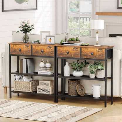 29.5" Narrow Console Table with 2 Fabric Drawers, Sofa Table, Small Entryway Table with 3-Tier Storage Shelves, behind Couch Table, for Living Room, Hallway, Rustic Brown and Black BF72XG015