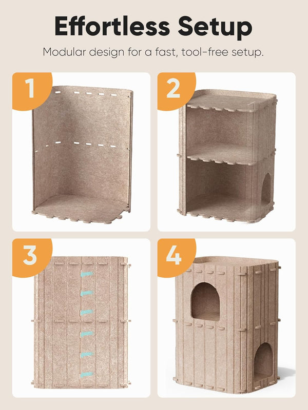 FUKUMARU Cat House for Indoor Cats, Warm Felt Cat Bed, Scratch Resistant | Large Cat Bed Cave, 3-In-1 Cat Condo, Cozy Felt Covered Cats Tunnel, 23.62 Inch Kitten Hideaway for Multicats, Beige9