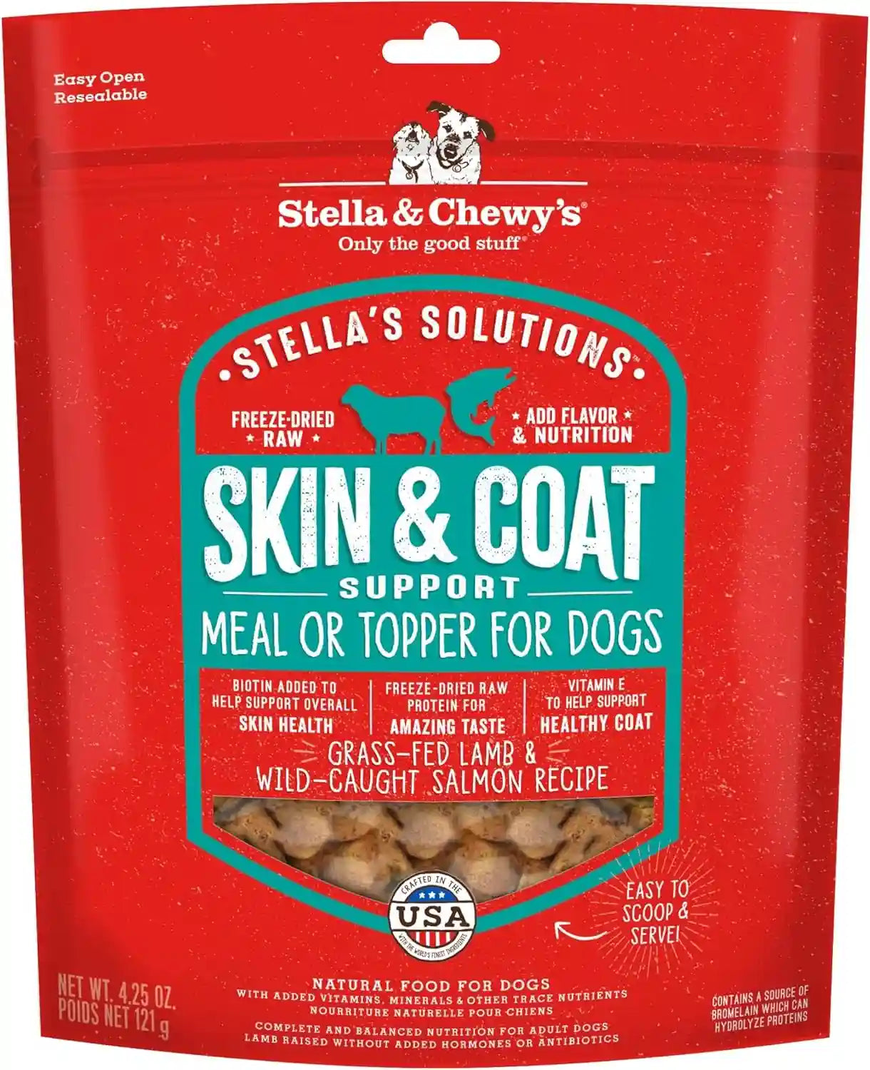 stella-chewys-stella-s-solutions-skin-coat-boost-grass-fed-lamb-wild-caught-salmon-dinner-morsels-freeze-dried-raw-protein-rich-grain-free-dog-food-4-25-oz-bag