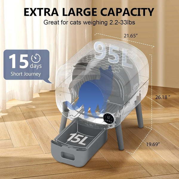 Cumrige Self Cleaning Litter Box, Large Capacity Automatic Cat Litter Box Self Cleaning for Cats, App Control,Safety Protection, 2 Roll Garbage Bags,White & Grey2