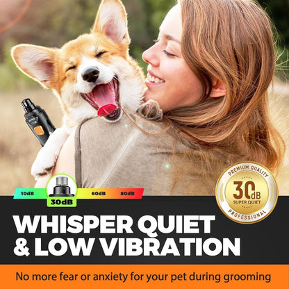 Whisper Quiet Dog Nail Grinder Safe & Stress-Free for Sensitive Dogs Cats | 4 LED Lights,3 Grinding Bits, 3-Speed, Pet Nail Trimmers, Rechargeable Painless Grooming Kit for All Breeds & Sizes2