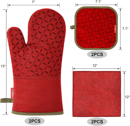 Oven Mitts and Pot Holders 6Pcs Set, Kitchen Oven Glove High Heat Resistant 500 Degree Extra Long Oven Mitts and Potholder with Non-Slip Silicone Surface for Cooking (Red)2