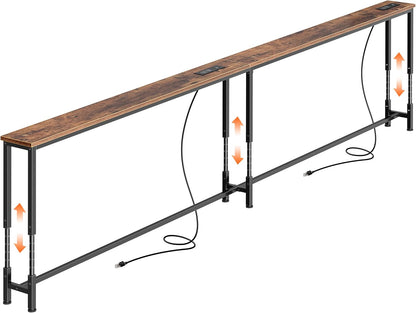 102.4 Inch Sofa Table with Power Outlets, Skinny behind Couch Table | Console Table with USB-C Ports, 23.9’’-34.4’’ Height Adjustable Range, Sofa Tables Narrow Long for Small Spaces, Rustic Brown1