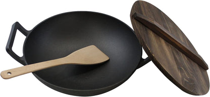 Cast Iron， Pre-Seasoned Wok 12.5" with Wood Spatula and Wood Lid1