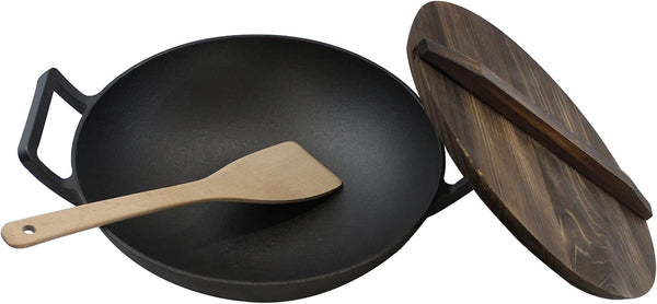 Cast Iron， Pre-Seasoned Wok 12.5" with Wood Spatula and Wood Lid1