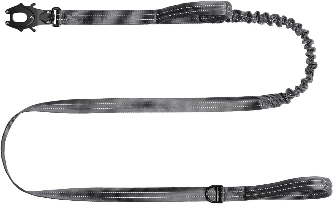 icefang-tactical-dog-leash-with-quick-release-metal-clasp-bungee-dog-lead-with-2-control-handles-hands-free-d-ring-reflective-4ft-length-for-medium-large-dogs-brown