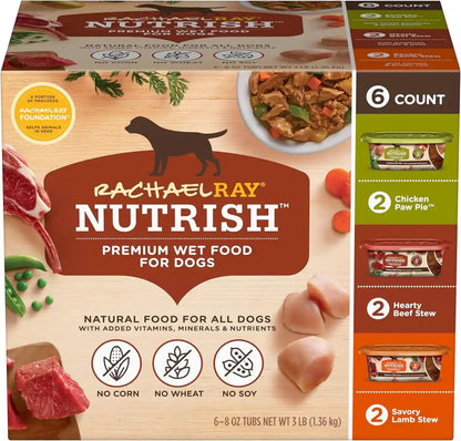 Nutrish Savory Favorites Wet Dog Food Variety Pack, 8 Oz Tubs (Rachael Ray) | Pack of 6, Includes 3 Delicious Flavors of Chicken Paw Pie, Hearty Beef Stew & Savory Lamb Stew, No Artificial Flavors1