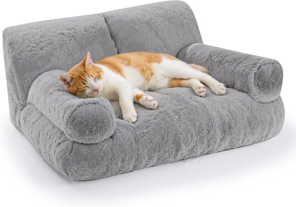 Gimars Upgrade Large Cat Bed for Indoor Cats -Added 10% More Stuff Sponge, Orthopedic Pet Couch Beds with Bolstered Edges, Fluffy Washable & Removable Cover, anti Slip Base, Grey | 10% More Stuff Sponge, Orthopedic Pet Couch with Bolstered Edges, Fluffy Washable & Removable Cover, anti Slip Base1