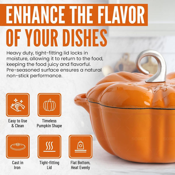 Pumpkin Dutch Oven Pot with Lid, Non-Stick Enamel Cast Iron Dutch Oven, 3.5QT Pumpkin Cocotte with Cast Iron Knob, Serves 3-5 (Orange)3