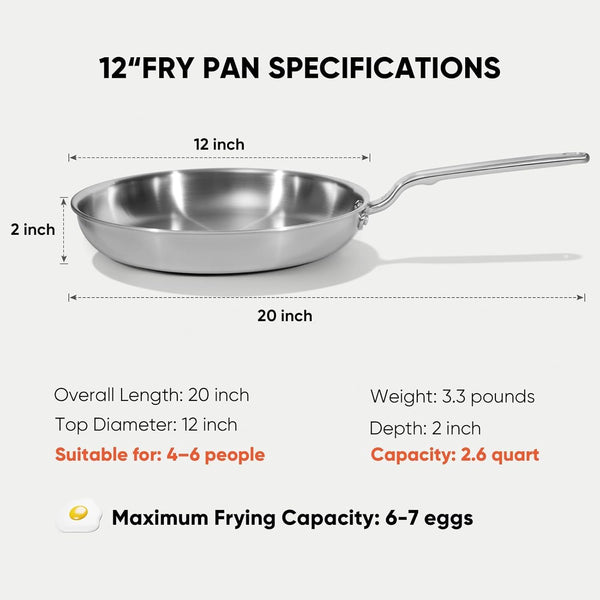 12" 5-Ply Stainless Steel Frying Pan | Dual Aluminum Core, Uncoated Surface, Oven & Broiler Safe 800°F, Induction Ready, Dishwasher Safe, Searing & Family Meals3