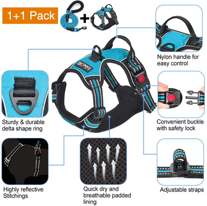 Tobedri No Pull Dog Harness Adjustable Reflective Oxford Easy Control Medium Large Dog Harness with a Free Heavy Duty 5Ft Dog Leash, Blue, M3