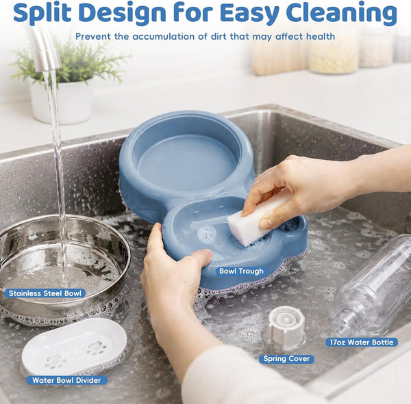 2-In-1 Dog Cat Food and Water Bowl Set with Auto-Water Dispenser, Blue | Anti-Slip & Splash Design, Easy to Clean, Stainless Steel Bowl and Safe PP Material, Suitable for Puppies and Cats5