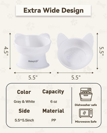 Mateeylife 2 Pack Elevated Cat Food Bowls for Indoor Cats & Kittens | Raised Food and Water Bowl Set, Whisker Friendly & anti Vomit Feeding Pet Bowls, 6 Oz Each, Dishwasher Safe - White & Grey4