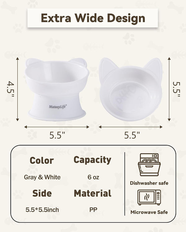 Mateeylife 2 Pack Elevated Cat Food Bowls for Indoor Cats & Kittens | Raised Food and Water Bowl Set, Whisker Friendly & anti Vomit Feeding Pet Bowls, 6 Oz Each, Dishwasher Safe - White & Grey4