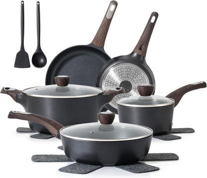 Pots and Pans Set Non Stick, Non Toxic Healthy Induction Cookware Sets, 14 Pcs Non Stick Kitchen Cooking Set with Frying Pans Set & Saucepan, PFOA PFOS APEO Free, Black1
