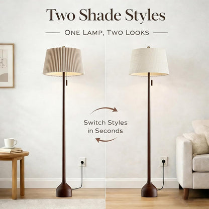 Mid Century Modern Real Wood Floor Lamp with 2 Shades for Two Looks | 65" Tall,Sculptural Teardrop Base,Wooden Pull Chain,Vintage Standing Lamp,Linen Shades,Living Room,Bedroom, Bulb Included4