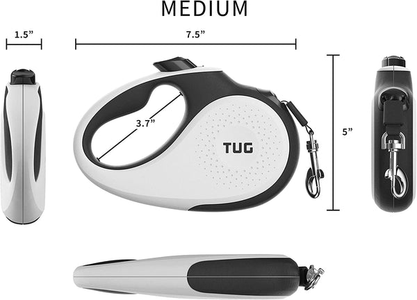 TUG 360° Tangle-Free Retractable Dog Leash | 16 Ft Strong Nylon Tape | One-Handed Brake, Pause, Lock (Medium, White)3