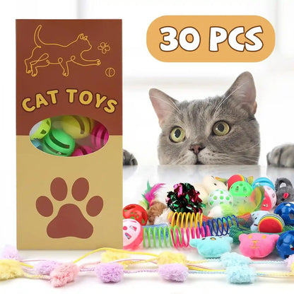 QUOZUO 30 Pcs Cat Toy Kitten Toys Set, Interactive Cat Toy Wand Cat Springs Ball Toy with Bells, Cat Toys for Bored Indoor Cats, Gift Box Styles7