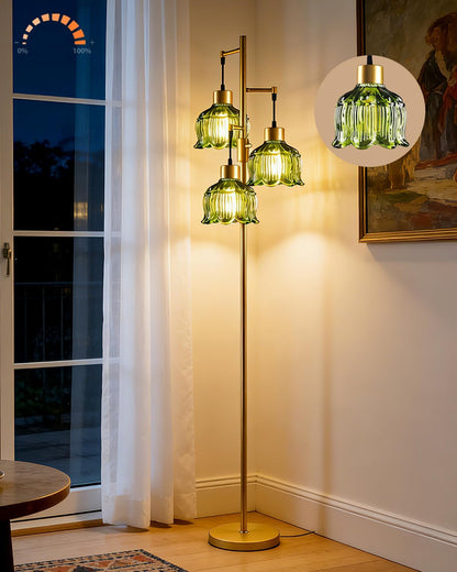 Floral Floor Lamp Dimmable Floor Flower Lamp Green Glass Shade | Gold Tall Lamp 3-Light Bulbs Included,Mid Century Standing Lamp with 5Lbs Heavy Base for Living Room/Bedroom/Sofa Beside1
