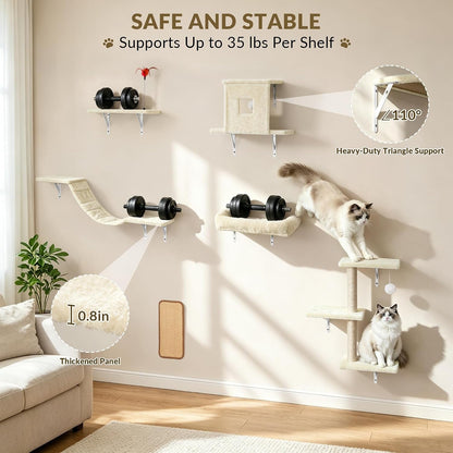 Cat Wall Shelves, 6 in 1 Cat Wall Furniture Set with Condos House, Bed, Bridge, Tree, Steps, Scratching Board, DIY Walls Playground for Indoor (Beige)4