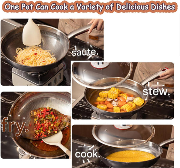 Titanium Hammered Deepen Wok with Lid, Multifunctional Ultra-Durable Scratch-Resistant Non Stick Even Heating Titanium Wok for Cooking with All Cooktops,12.59In3