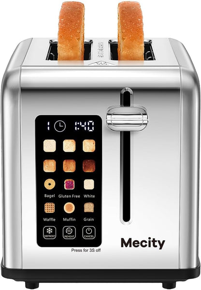2 Slice Toaster Touch Screen 1.5" Wide Slot, Stainless Steel Smart Bread Toaster for Bagel Muffin Waffle Gluten Free Breads, Timer, Defrost, Reheat, 120V 825W1