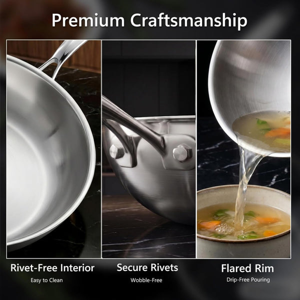 4.2 QT Tri-Ply Stainless Steel Wok Pan with Lid, 12" Flat Bottom Stir Fry Skillet for Asian Cuisine, Premium 18/10 Induction Cookware for 3-4 Servings, Oven Safe5
