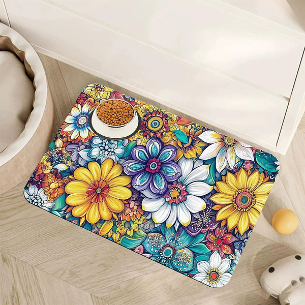 Vintage Damask Flower Dog Cat Food Mat,White Black Floral Absorbent Pet Feeding Mat for Food and Water,Non-Slip Dog Bowl Mats Floor Protector 12"X20"14
