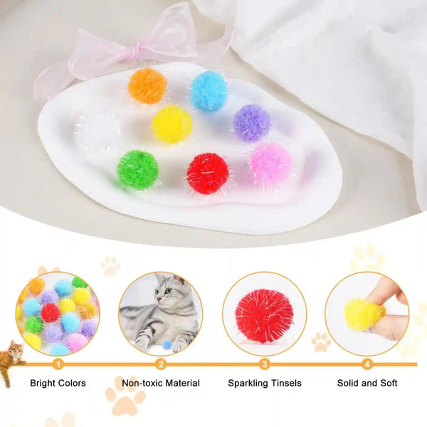 DF DUALFERV 60 Pcs Cat Pom Pom Balls, Interactive Cat Toys, Sparkle Balls for Cats, Extra Large and Fuzzy for Exercise and Entertainment, Multicolor, 1.5 Inch3