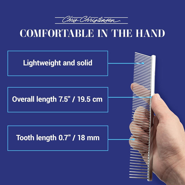 Chris Christensen 000 7.5 In. Greyhound Style Fine/Coarse Colored Butter Comb, Groom like a Professional, Rounded Corners Prevent Friction and Breakage, Solid Brass with Steel Teeth, Chrome Finish5