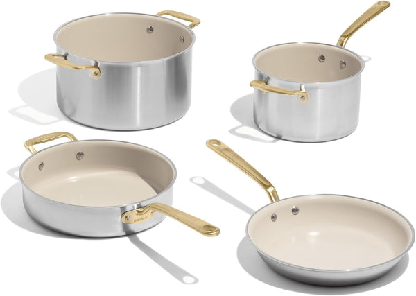 Made in Cookware - 7-Piece Ceramiclad Non Stick Pot and Pan Set (Antique Brass Handle) - 5-Ply Stainless Clad - Professional Cookware - Crafted in Italy - Induction Compatible1