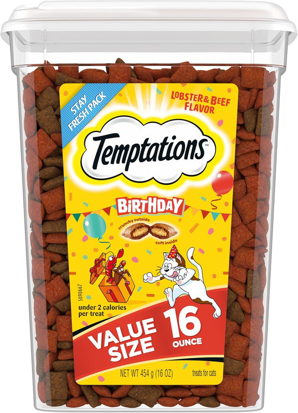 Temptations Birthday Crunchy and Soft Cat Treats, Lobster & Beef, 16 Oz | Crunchy Outside, Soft Inside, under 2 Calories per Treat, 100% Complete & Balanced for Adult Cats, Stay-Fresh Resealable Tub1